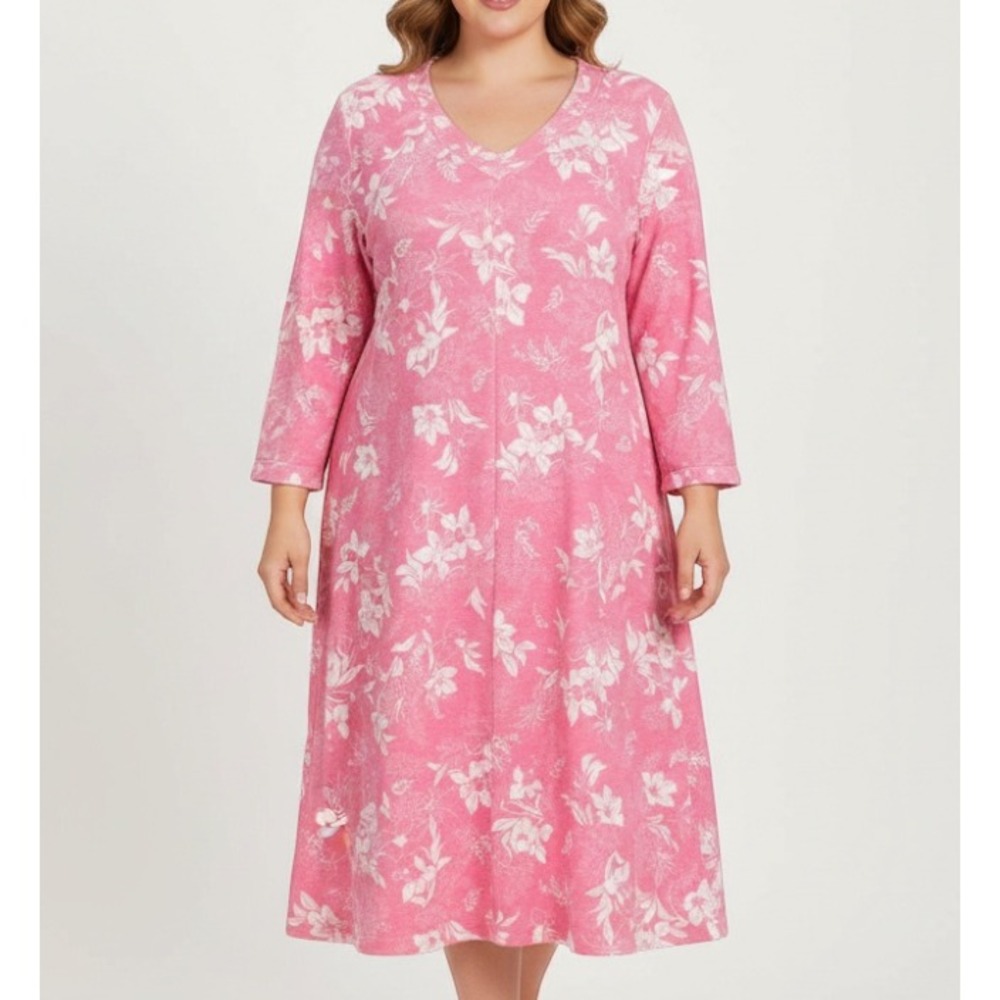 VTG TANNER 80's Pink TROPICAL PRINT V-Neck TWILL Maxi LOUNGE NIGHTGOWN DRESS 18